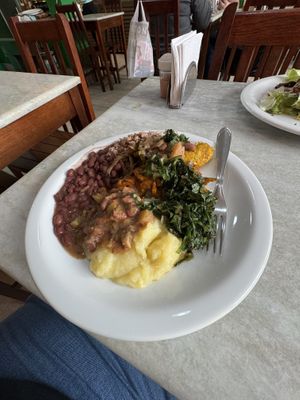 Mashed potatoes with two types of beans (regular and some feijoada), rice, seitan, greens,   at Naturaleve de Copacabana in Rio De Janeiro