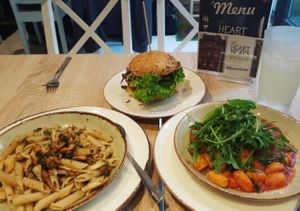 pasta with mushroom sauce, falafel burger, gnocchi with tomato sauce at My Heart Beats Vegan in Karlsruhe