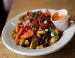 cuban bowl: brown rice, black beans, plantains and sweet potatoes, pico de gallo at Laughing Planet Cafe - Belmont in Portland