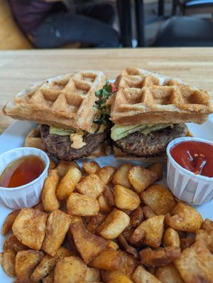Waffle burger full loaded at Democracy* in Hamilton
