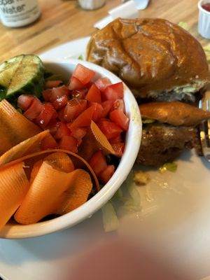 Smashed Mac burger with side salad 10/10  at Democracy* in Hamilton
