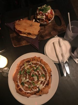 Perogie pizza & bbq tofu sandwich with fries supreme  at Democracy* in Hamilton