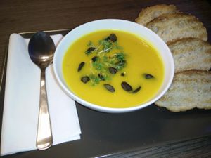 Cream Soups are also available and are changing nearly every day. This time: Pumpkin Coconut. They come with some bread next to it. at Venjoy in Cologne