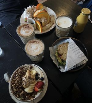 Peanut butter bowl, cinnamon pancakes, tofu sandwich at Fern & Fika in Stockholm
