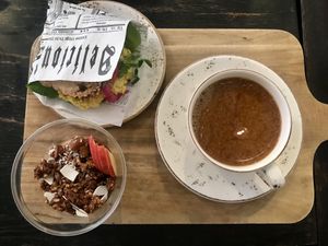 Breakfast deal (oats&scrambled tofu sandwich&coffee) at Fern & Fika in Stockholm