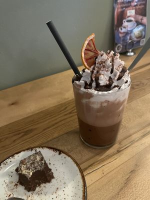 Hot chocolate and hazelnut brownie  at Fern & Fika in Stockholm
