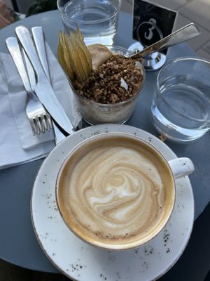 Oat cappu and overnight oats with peanut butter   at Fern & Fika in Stockholm