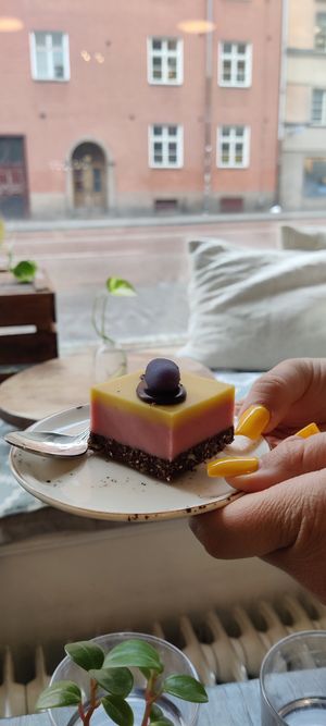 Easter cake. Gluten-free. Cashew, raspberry and passion fruit. at Fern & Fika in Stockholm