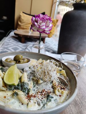 Creamy mushroom pasta 120kr. 2024-08-12 at Fern & Fika in Stockholm