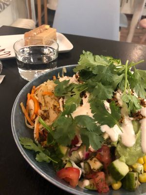 Taco Buddha bowl and caramel apple raw cake! So good! Such great service!  at Fern & Fika in Stockholm