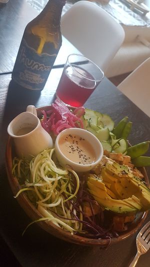 Kombucha and zoodles with tofu at Fern & Fika in Stockholm