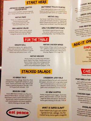 Menu part 1 at Native Foods Cafe in Falls Church