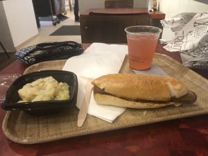 Bosna, potato salad and rhubarb drink   at Front Food in Linz