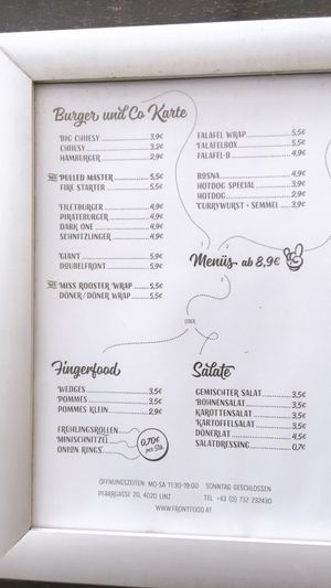 menu options at Front Food in Linz