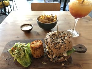 The Chickenlike burger (if you want fries with it, you have to order it separately) at GYS - Voorstraat in Utrecht