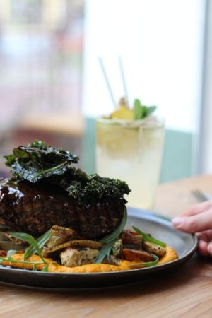 Shroom steak -Wild mushrooms, cream of pumpkin, Jerusalem artichoke, parsnip, rosemary, roasted garlic jus
(100% organic, vegan & gluten-free) at GYS - Voorstraat in Utrecht