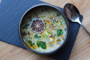 Thai Coconut Soup -Lemongrass, lime leaf, ginger, coriander, shiitake, chili oil, lime (100% organic, vegan and gluten-free)

 at GYS - Voorstraat in Utrecht