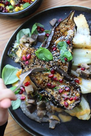 Amazing Asian Aubergines - Eggplant, cream of onion, bok choy, lemongrass, lime leaf, sticky rice, miso (100% organic, vegan & gluten-free)

 at GYS - Voorstraat in Utrecht