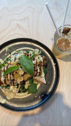 Ruffle my truffle: bread topped with tomato chutney, vegan truffle mayo, vegan Parmesan, herbs, watercress and fried oyster mushrooms. Delicious!   at GYS - Voorstraat in Utrecht