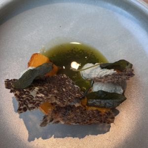 Starter. Pumpkin with pumpkin seeds ricotta, fried sage and crackers  at GYS - Voorstraat in Utrecht