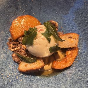 Dessert. Pumpkin with vanilla ice and crumble   at GYS - Voorstraat in Utrecht