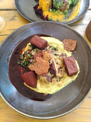 Italian with a twist: beet polenta with roasted veg, root celery puree and crispy quinoa at GYS - Voorstraat in Utrecht