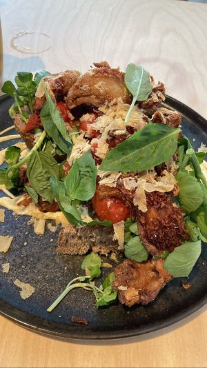 Ruffle my truffle: perfect combo of fresh bread, herbs, veggies and mayo topped with fried oyster mushrooms  at GYS - Voorstraat in Utrecht