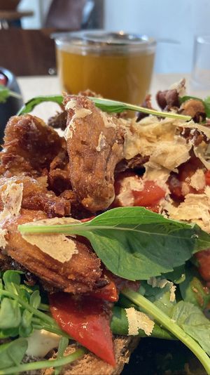 Ruffle my truffle: perfect combo of fresh bread, herbs, veggies and mayo topped with fried oyster mushrooms  at GYS - Voorstraat in Utrecht