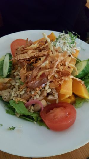 Roasted pumpkin, parsnip chips, barley and green leafy salad... very filling and tasty ... and vegan at GYS - Voorstraat in Utrecht