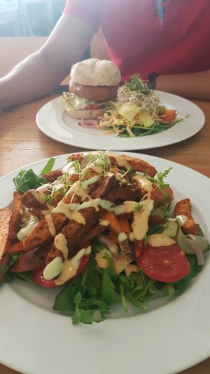 veggie burger and tempeh french fries sweet potato at GYS - Voorstraat in Utrecht
