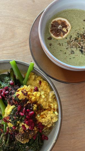 cilbir (turkish eggs) made with tofu instead of egg. very tasty and coconut basil soup    at GYS - Voorstraat in Utrecht