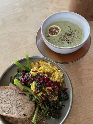 cilbir (turkish eggs) made with tofu instead of egg. very tasty and coconut basil soup  at GYS - Voorstraat in Utrecht