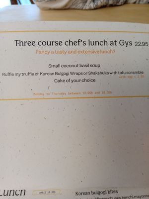 Three-course meal menu (English, June 2025) at GYS - Voorstraat in Utrecht