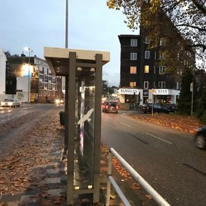 restaurant in background at tram stop at Bang Bang Burgers and Beer in Gelsenkirchen
