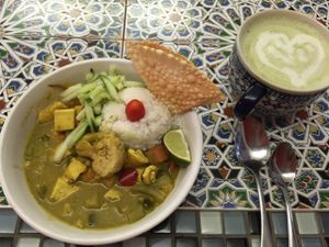 daily veg and a matcha latte at Good Eden in New Orleans