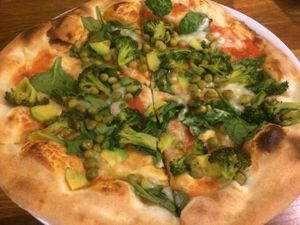 Greens pizza. Good, but skimpy on sauce, cheese, and veggies.  at Vegan Pizza in Warsaw