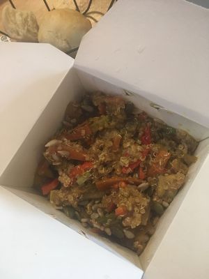 Vegan wok takeaway box (175 pesos) at Marcopolo Freelife in Ushuaia