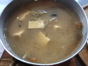 Vegan soup of the day: tofu and veggies with noodles at Marcopolo Freelife in Ushuaia