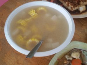 Corn and mock fish ball soup - love this!  at Naruwan Vegetarian Restaurant in Yong Peng