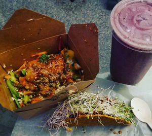 Blueberry cheesecake smoothie
Sesame veggies
Spicy chick'n tacos.  at Nucleus Raw Foods in Luzerne