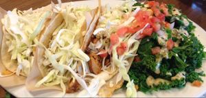 Tres Chicken Tacos w/ steamed kale  at Veggie Grill by Next Level in Pasadena