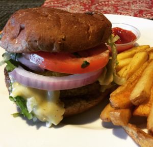 VG Cheeseburger + Yukon gold fries at Veggie Grill by Next Level in Pasadena