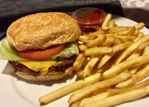 Beyond Burger cheeseburger and fries at Veggie Grill by Next Level in Pasadena