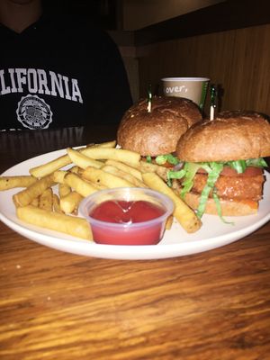 Buffalo bomber sandwich with a side of fries at Veggie Grill by Next Level in Pasadena