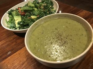 Pea and asparagus soup seasonal at Veggie Grill by Next Level in Pasadena