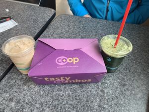Coffee smoothie and wrap and green fresh juice at The Co-op Cafe in Erie