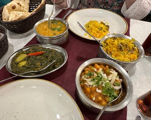 Sag aloo with chana masala and rice   at The Kathmandu in Torremolinos