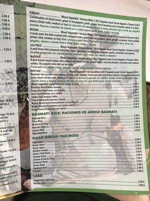 Menu at The Kathmandu in Torremolinos