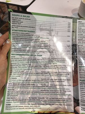 Menu at The Kathmandu in Torremolinos