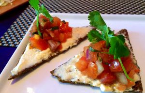 Mad Flax - spiced flax chips with macadamia cheese, bruschetta and microgreens at Au Lac - DTLA in Los Angeles